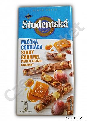 Czekolada Studentska mleczna ze słonym karmelem, prażonymi orzechami i rodzynkami